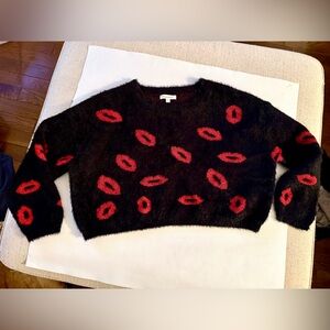Francesca's Collections Super Soft Fuzzy  Black Sweater with Red Lip Design